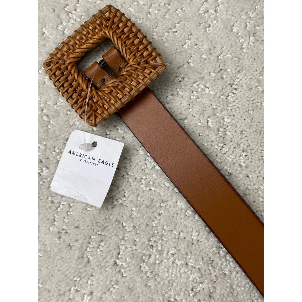 NWT American Eagle Womens Belt M Brown Woven Rattan Buckle Boho Genuine Leather